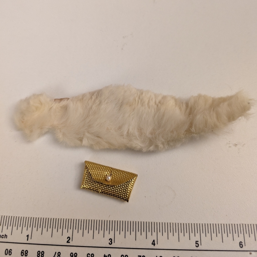 Vintage BARBIE White FUR Stole Pink Lining & Gold Purse, Original Owner